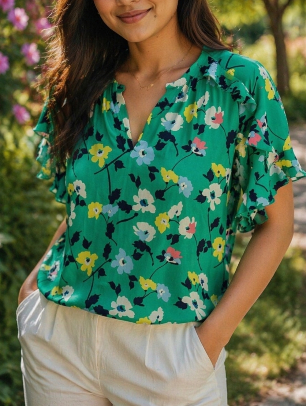 Banana Republic Factory Green Floral Ruffle-Sleeve Blouse